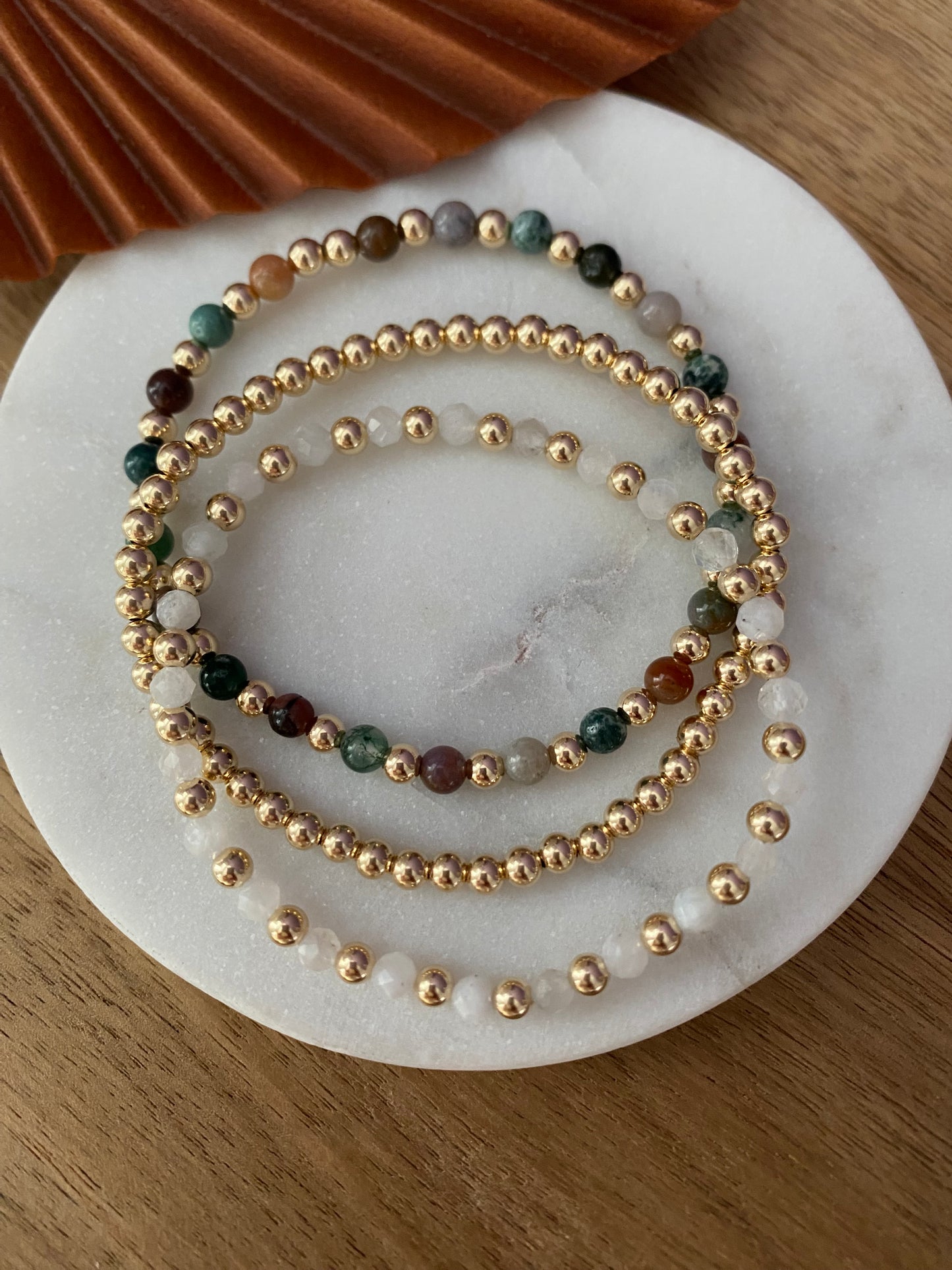Wanderlust Botanical Indian Agate, Moonstone, & 14k gold filled Beaded Bracelet Stack