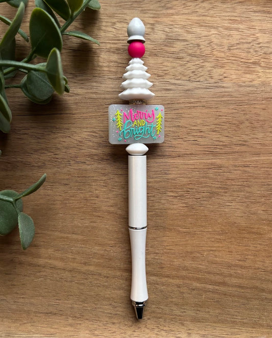 Merry & Bright Beaded Pen | Christmas Teacher Gift | Holiday Stocking Stuffer | Handmade Festive Pen