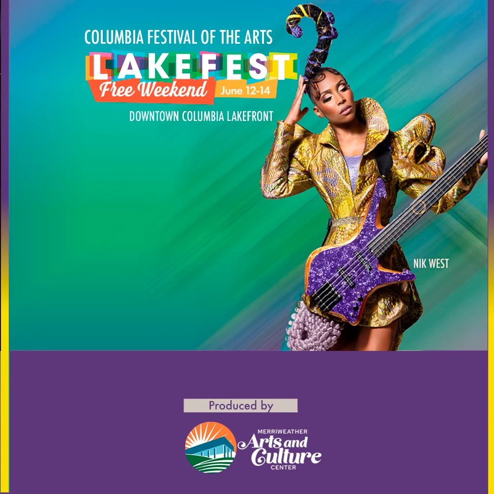 Promotional poster for Columbia Festival of the Arts LakeFest with a woman playing a bass guitar.