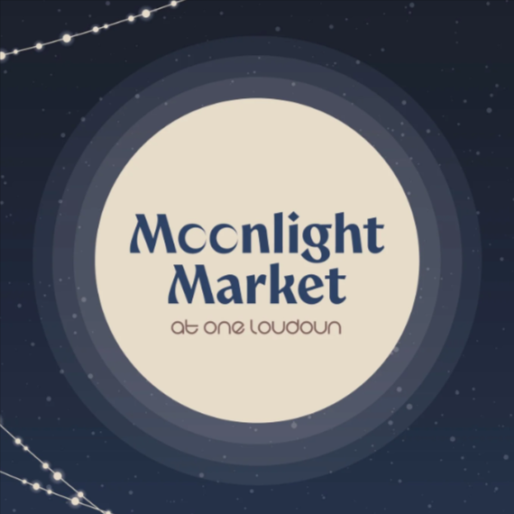 Promotional graphic for Moonlight Market at One Loudoun, showing a dark navy starry background with a large cream circle containing the event name, plus text reading Fridays Aug 14 - Oct 30, One Loudoun Park 5-9PM, and a QR code. The One Loudoun logo appears at the bottom.